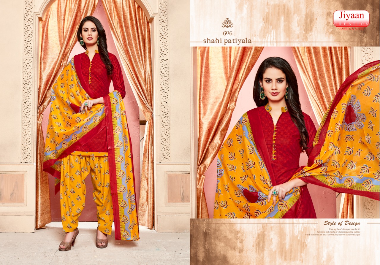 Shahi Patiyala By Jiyaan Creation 601 To 610 Series Beautiful Suits Stylish Fancy Colorful Casual Wear & Ethnic Wear Pure Cotton Printed Dresses At Wholesale Price