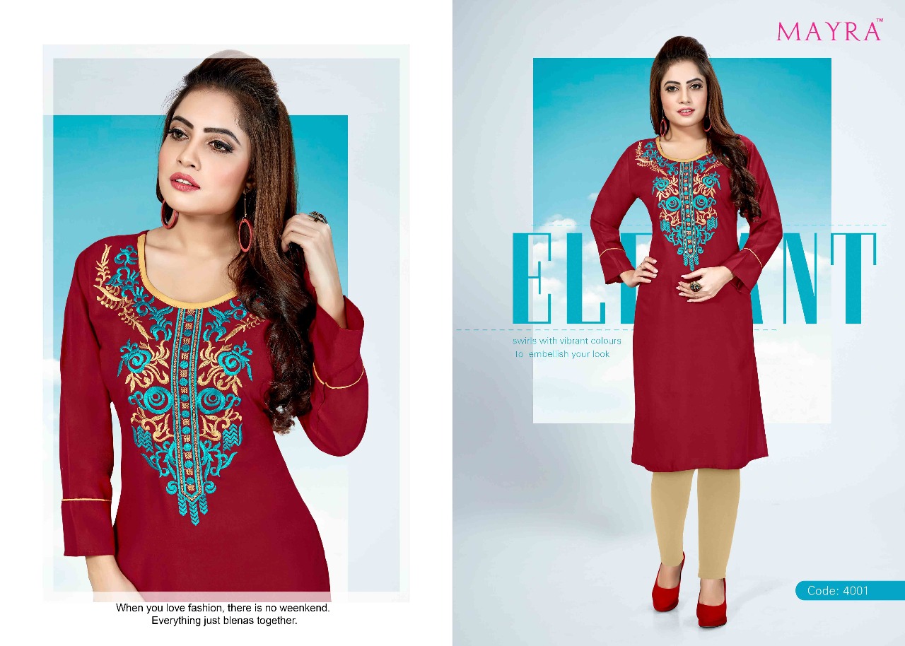 Signature By Mayra 4001 To 4008 Series Stylish Fancy Beautiful Colorful Casual Wear & Ethnic Wear Heavy Plain Rayon Printed Kurtis At Wholesale Price