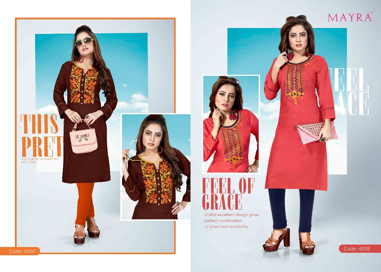 Signature By Mayra 4001 To 4008 Series Stylish Fancy Beautiful Colorful Casual Wear & Ethnic Wear Heavy Plain Rayon Printed Kurtis At Wholesale Price