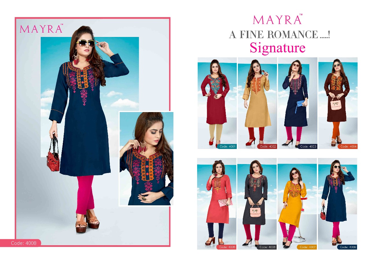 Signature By Mayra 4001 To 4008 Series Stylish Fancy Beautiful Colorful Casual Wear & Ethnic Wear Heavy Plain Rayon Printed Kurtis At Wholesale Price