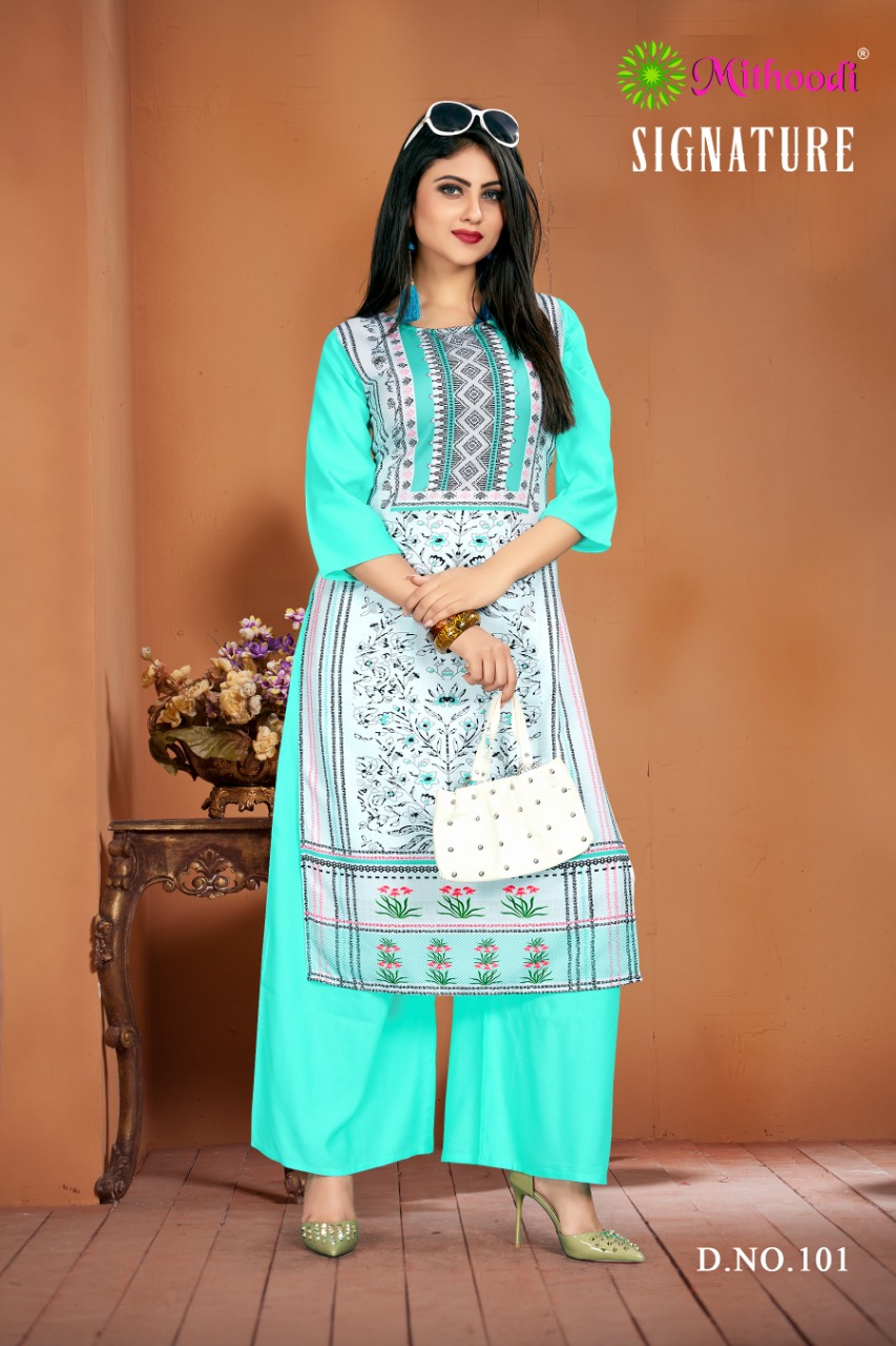 Signature By Mithoodi 101 To 106 Series Beautiful Suits Stylish Fancy Colorful Party Wear & Ethnic Wear Rayon Printed  Kurtis At Wholesale Price