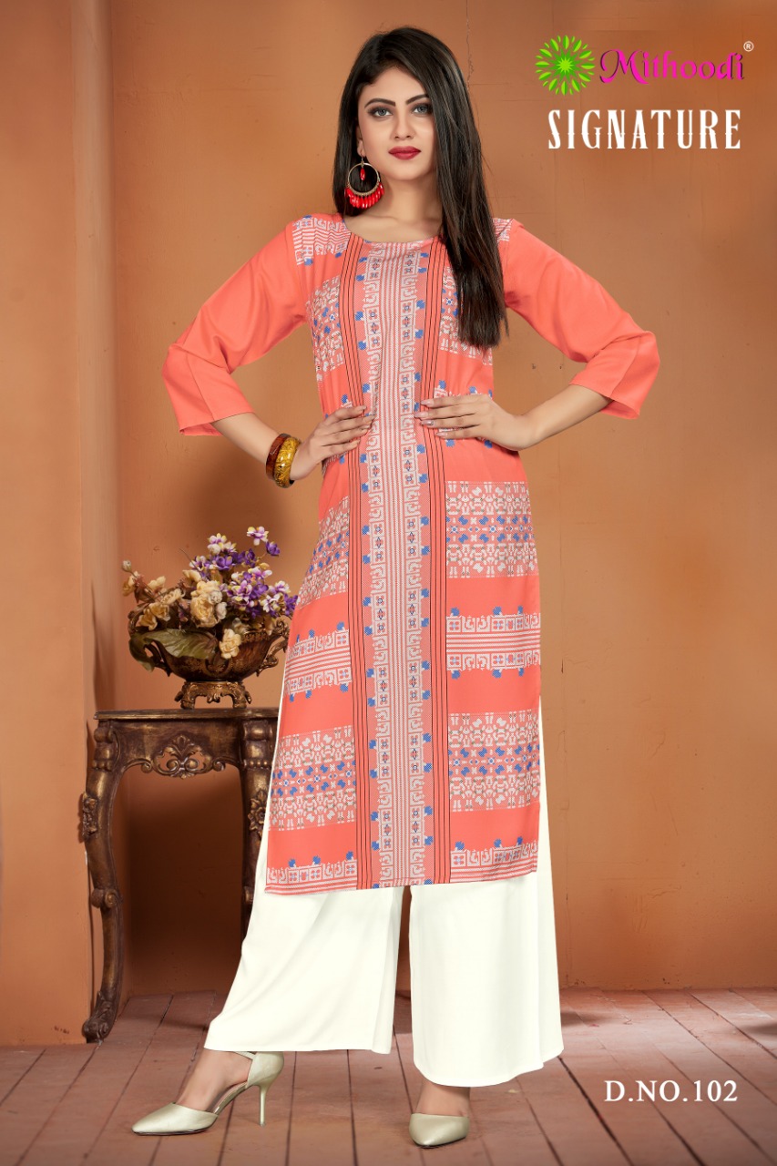 Signature By Mithoodi 101 To 106 Series Beautiful Suits Stylish Fancy Colorful Party Wear & Ethnic Wear Rayon Printed  Kurtis At Wholesale Price