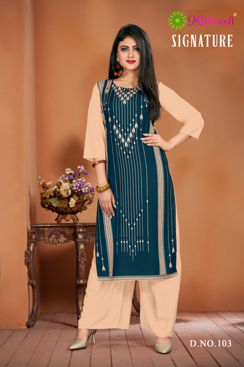 Signature By Mithoodi 101 To 106 Series Beautiful Suits Stylish Fancy Colorful Party Wear & Ethnic Wear Rayon Printed  Kurtis At Wholesale Price