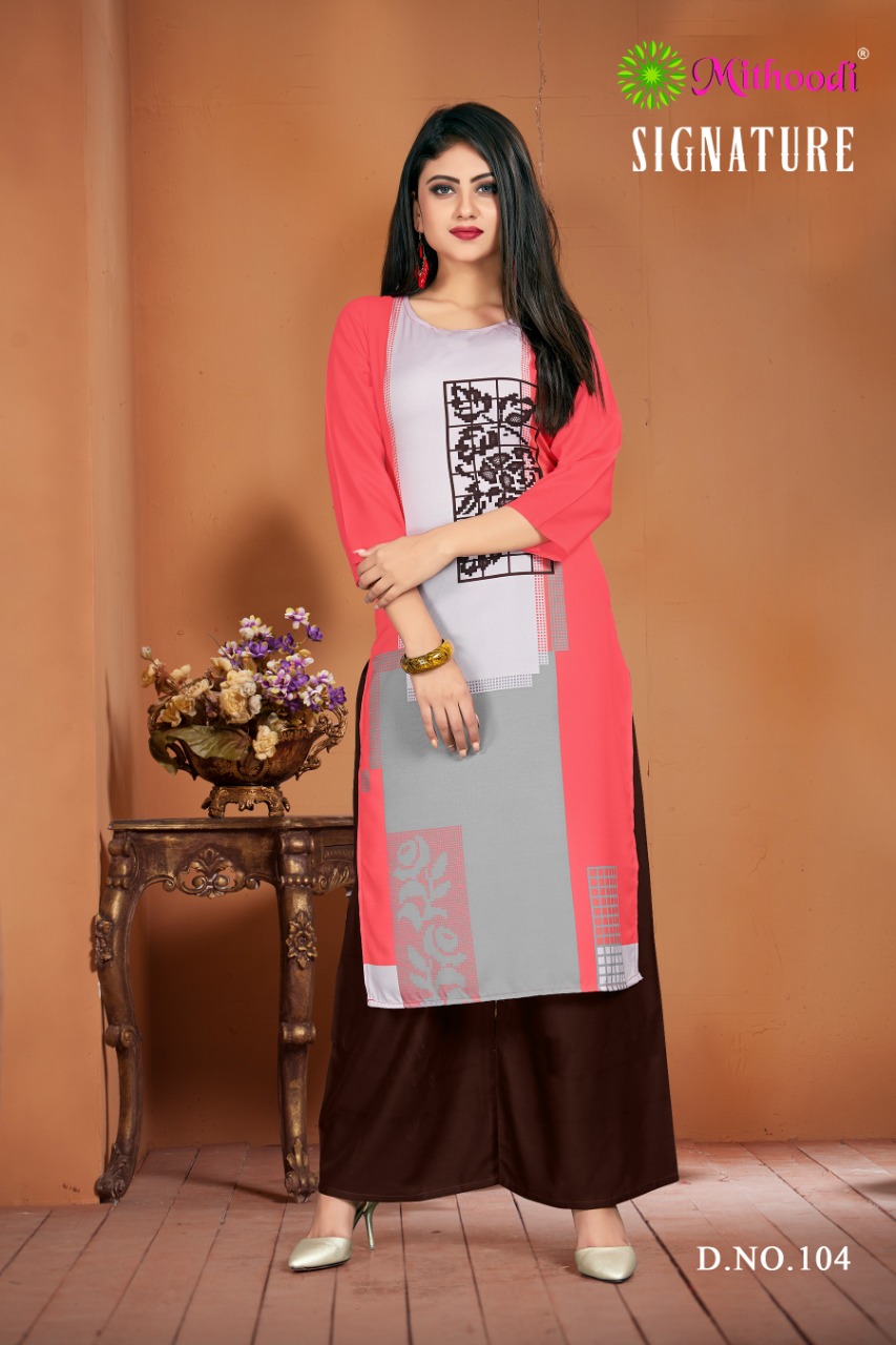 Signature By Mithoodi 101 To 106 Series Beautiful Suits Stylish Fancy Colorful Party Wear & Ethnic Wear Rayon Printed  Kurtis At Wholesale Price