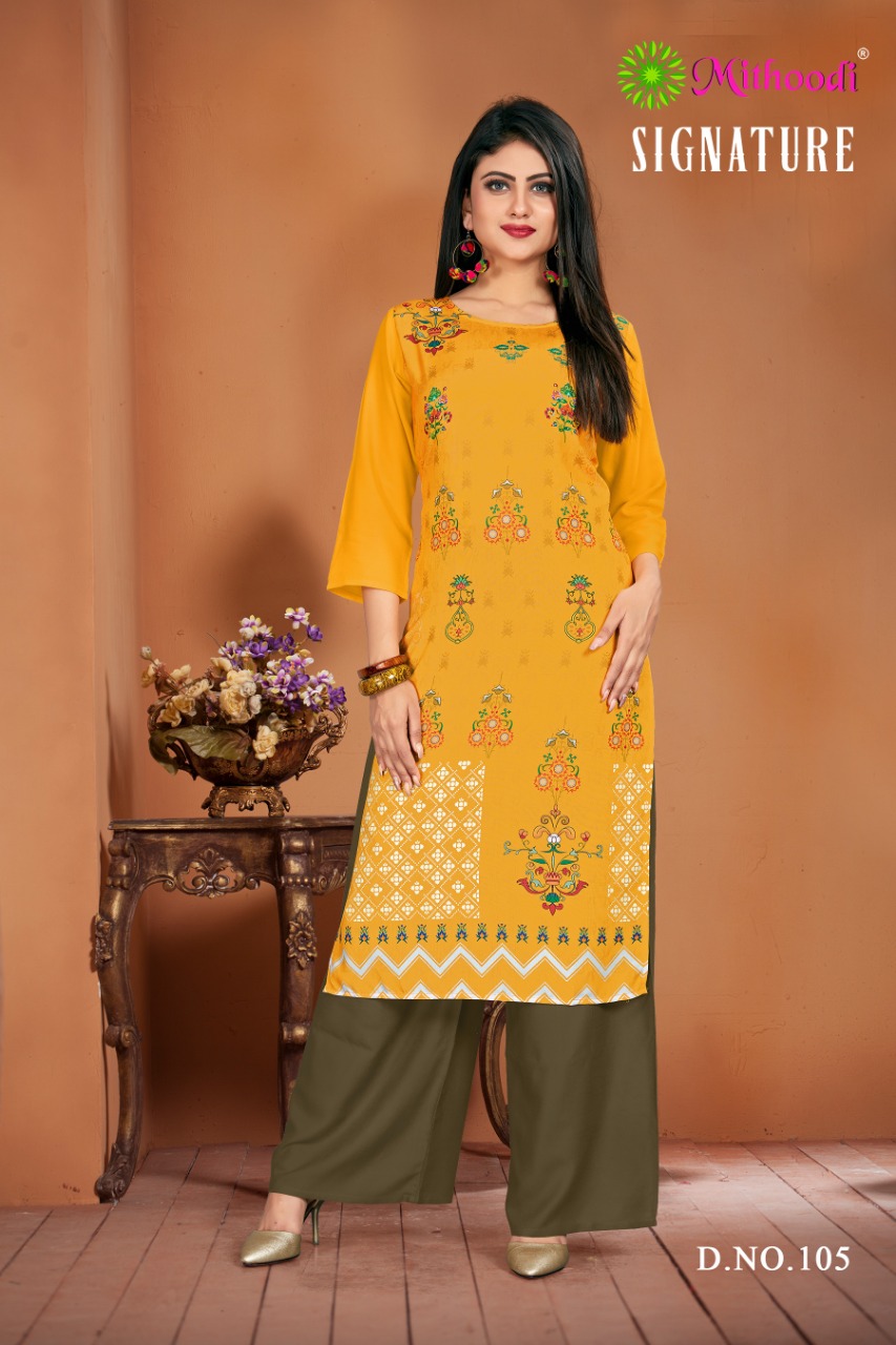 Signature By Mithoodi 101 To 106 Series Beautiful Suits Stylish Fancy Colorful Party Wear & Ethnic Wear Rayon Printed  Kurtis At Wholesale Price