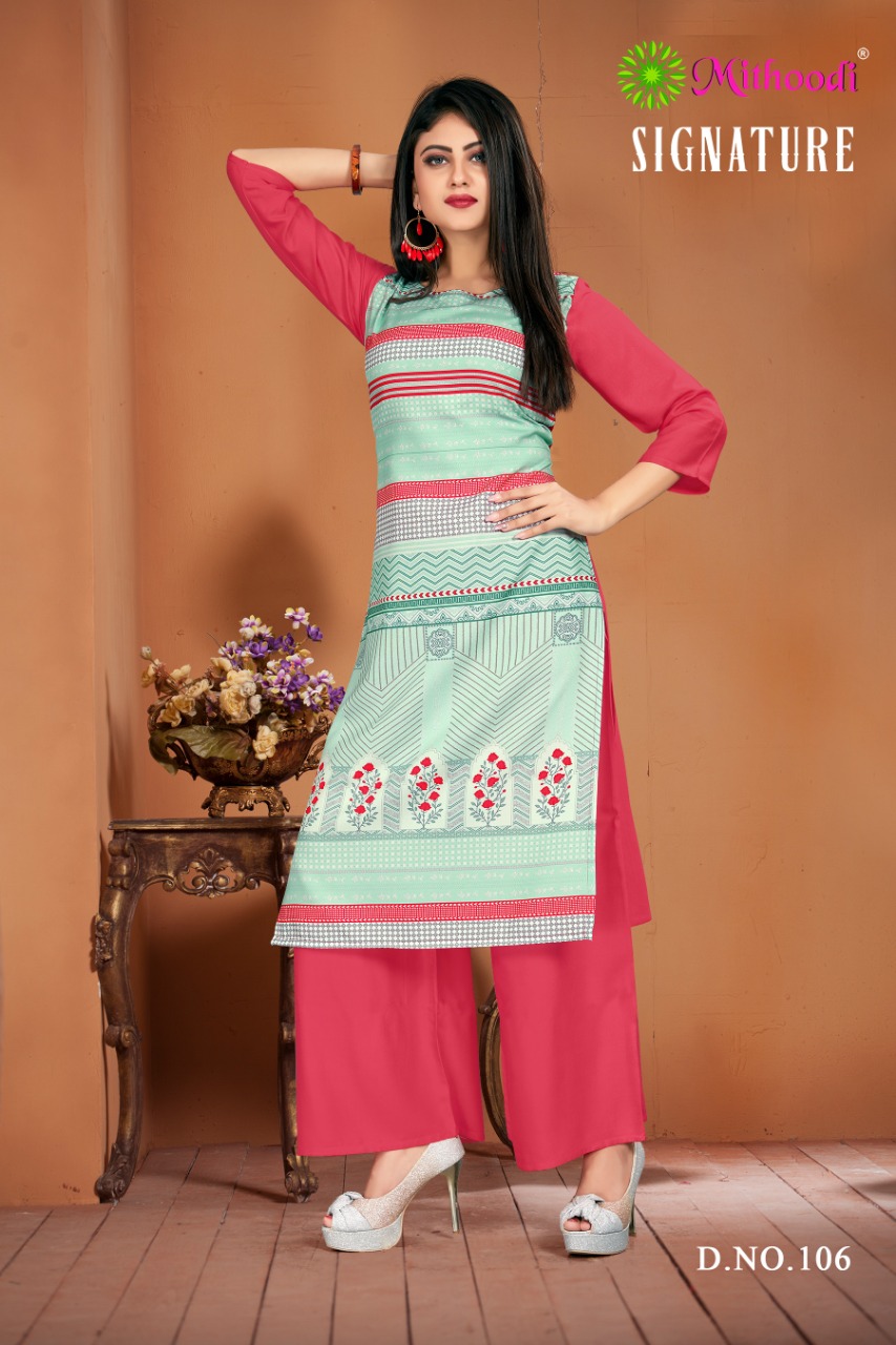 Signature By Mithoodi 101 To 106 Series Beautiful Suits Stylish Fancy Colorful Party Wear & Ethnic Wear Rayon Printed  Kurtis At Wholesale Price