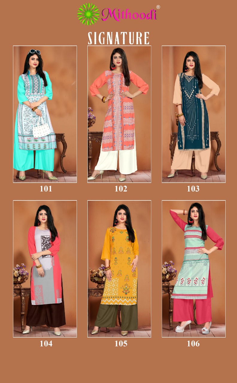 Signature By Mithoodi 101 To 106 Series Beautiful Suits Stylish Fancy Colorful Party Wear & Ethnic Wear Rayon Printed  Kurtis At Wholesale Price