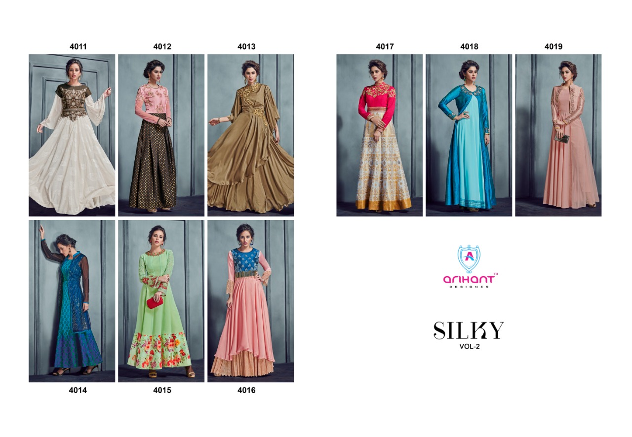 Silky Vol-2 By Arihant Designer 4011 To 4019 Series Designer Gowns Collection Beautiful Stylish Fancy Colorful Party Wear & Occasional Wear Silk Gowns At Wholesale Price