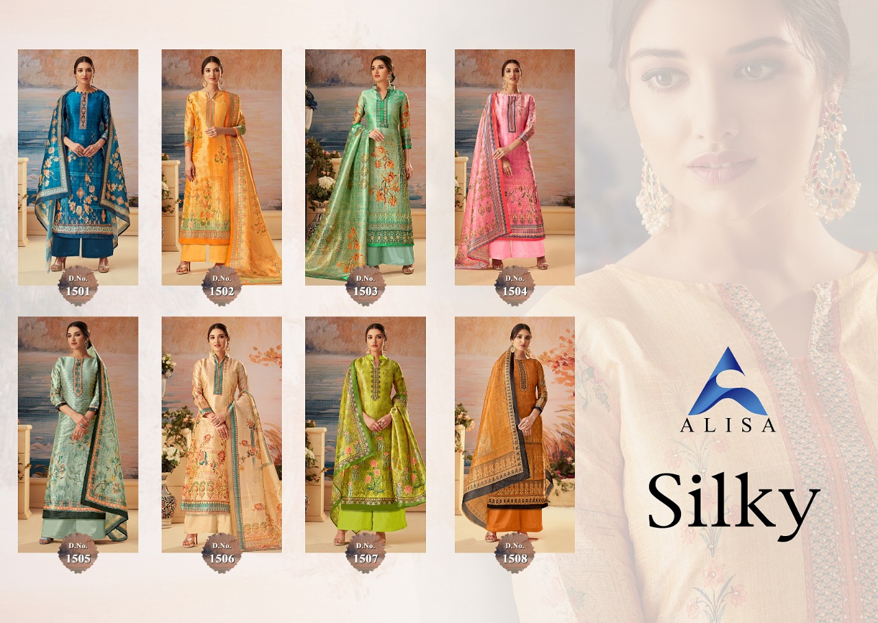 Silky By Alisa 1501 To 1508 Series Indian Traditional Wear Collection Beautiful Stylish Fancy Colorful Party Wear & Occasional Wear Pure Silk Digital Printed At Wholesale Price