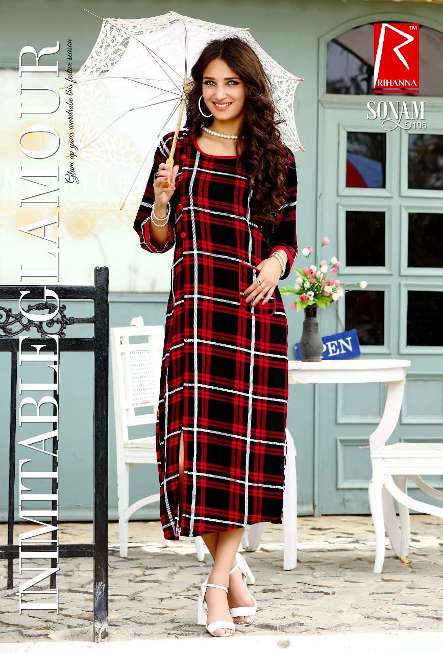 Sonam By Rihanna 101 To 110 Series Beautiful Stylish Fancy Colorful Casual Wear & Ready To Wear & Ethnic Wear  Rayon Checks Printed Kurtis At Wholesale Price