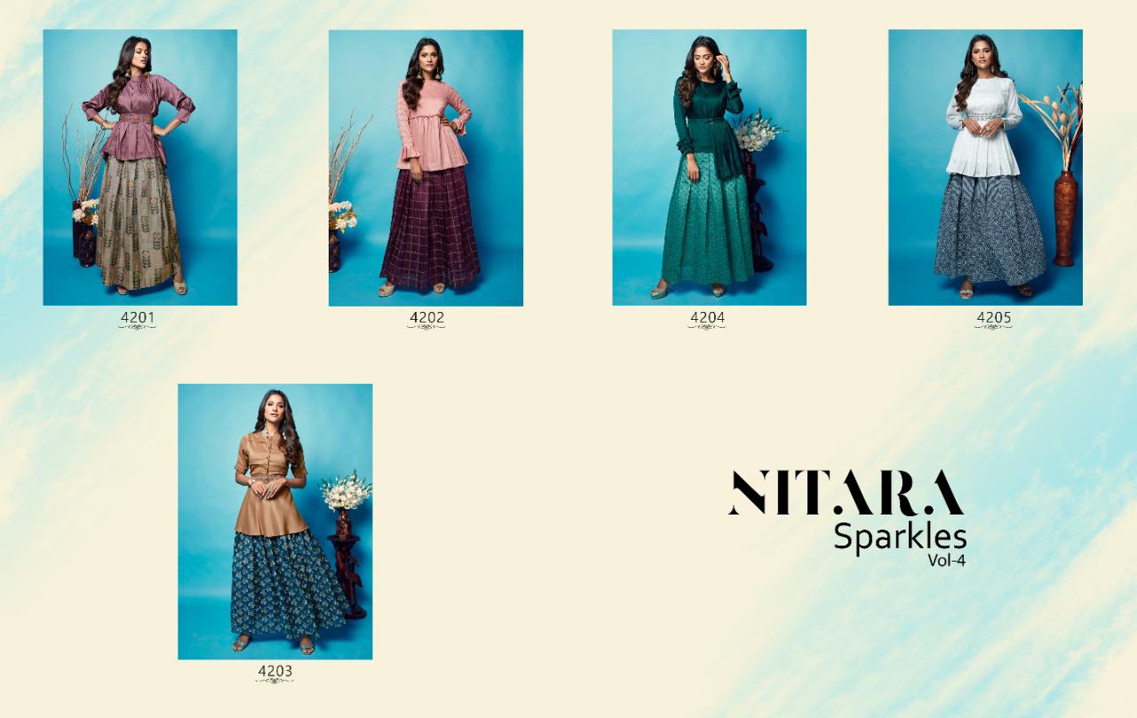 Sparkles Vol-4 By Nitara Fashion 4201 To 4205 Series Beautiful Stylish Colorful Fancy Party Wear & Ethnic Wear & Ready To Wear Heavy Silk Embroidered Top With Long Printed Skirt Kurtis At Wholesale Price