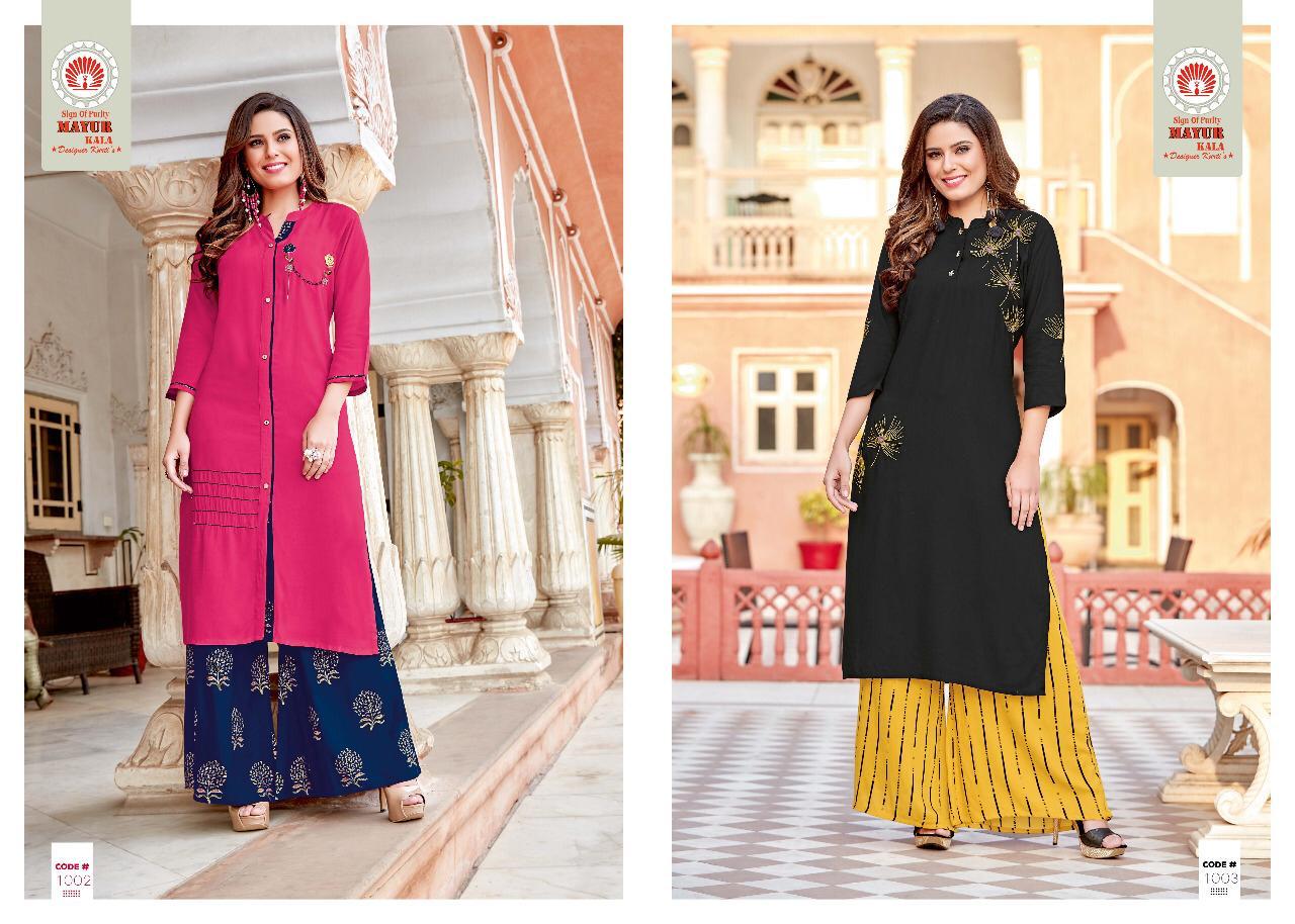 Sparkle By Mayur Kala 1001 To 1006 Series Beautiful Colorful Stylish Fancy Casual Wear & Ethnic Wear & Ready To Wear Heavy Rayon Kurtis With Bottom At Wholesale Price