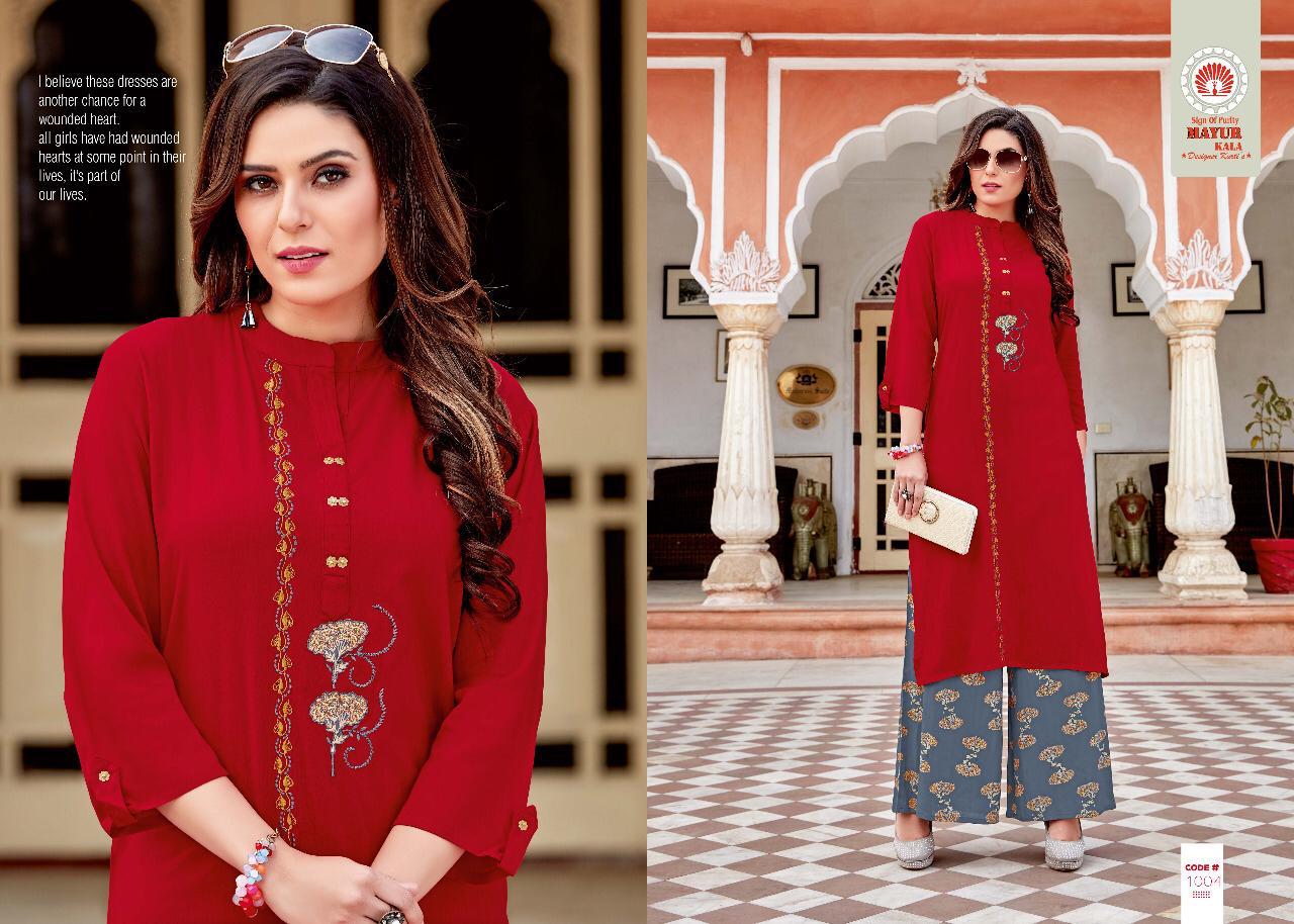 Sparkle By Mayur Kala 1001 To 1006 Series Beautiful Colorful Stylish Fancy Casual Wear & Ethnic Wear & Ready To Wear Heavy Rayon Kurtis With Bottom At Wholesale Price