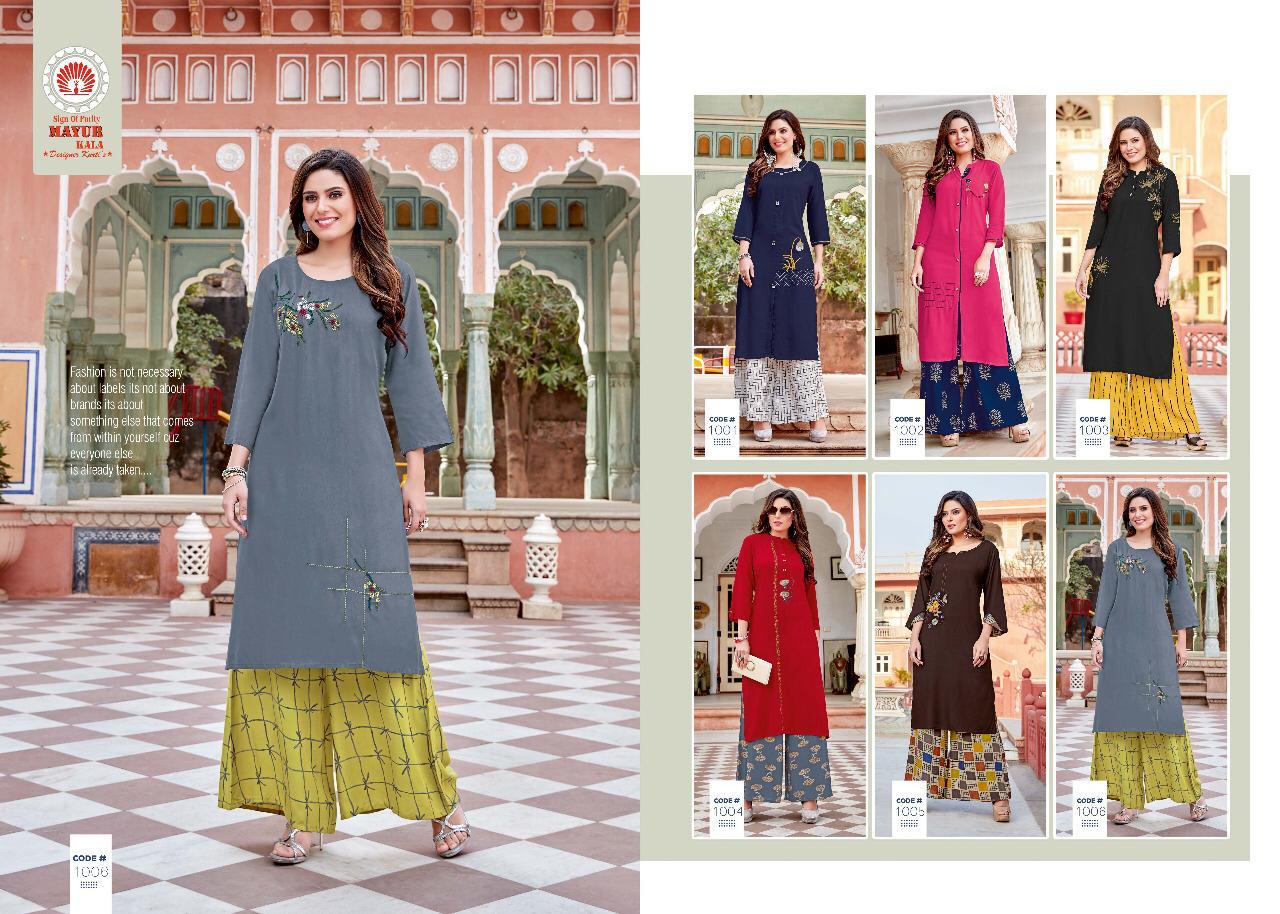 Sparkle By Mayur Kala 1001 To 1006 Series Beautiful Colorful Stylish Fancy Casual Wear & Ethnic Wear & Ready To Wear Heavy Rayon Kurtis With Bottom At Wholesale Price