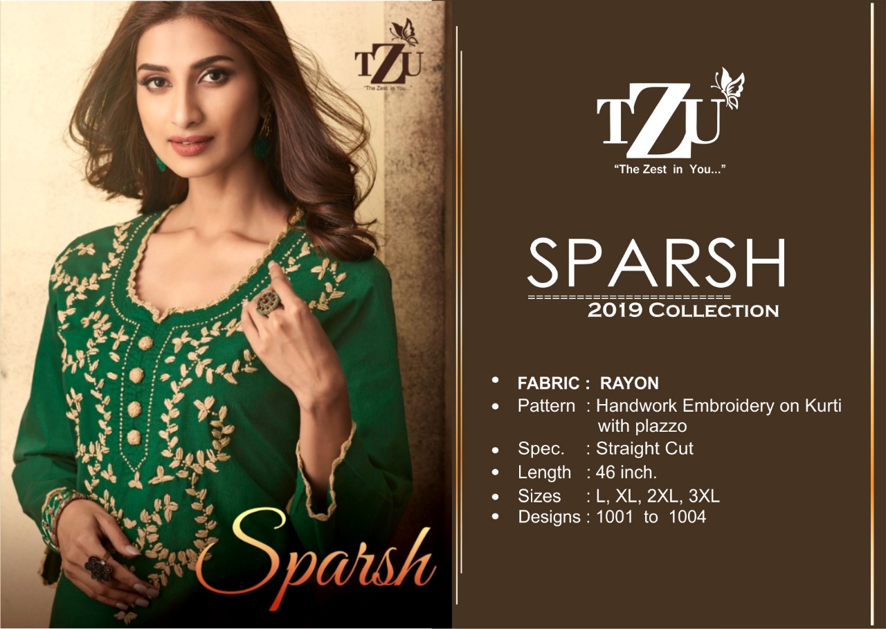 Sparsh By Tzu 1001 To 1004 Series Stylish Fancy Beautiful Colorful Casual Wear & Ethnic Wear Rayon Slub With Hand Work Embroidery Kurtis With Palazzo  At Wholesale Price
