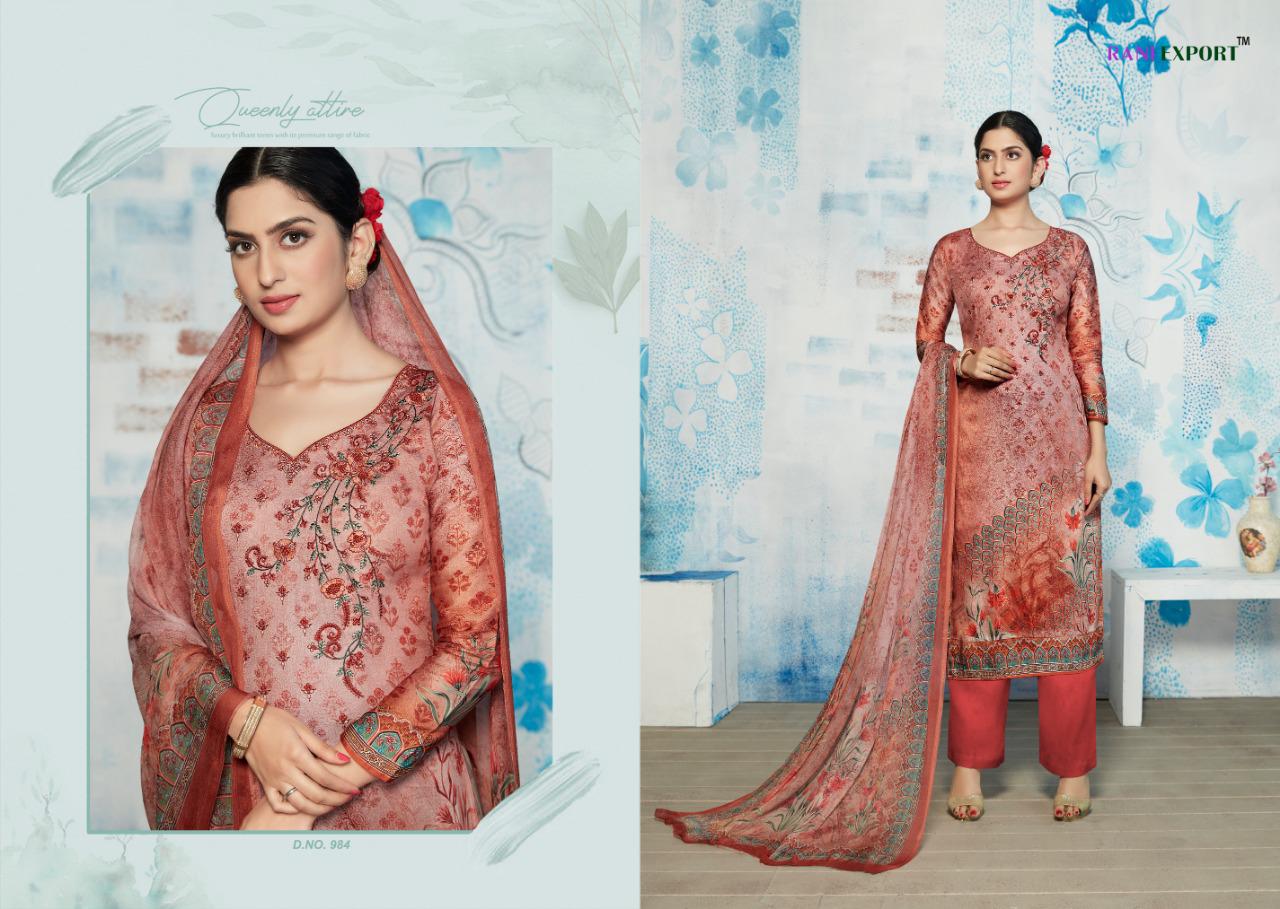 Spice Bloom By Rani Exports 984 To 990 Beautiful Suits Stylish Colorful Fancy Casual Wear & Ethnic Wear Pure Zam Cotton Digital Print With Embroidery Dresses At Wholesale Price