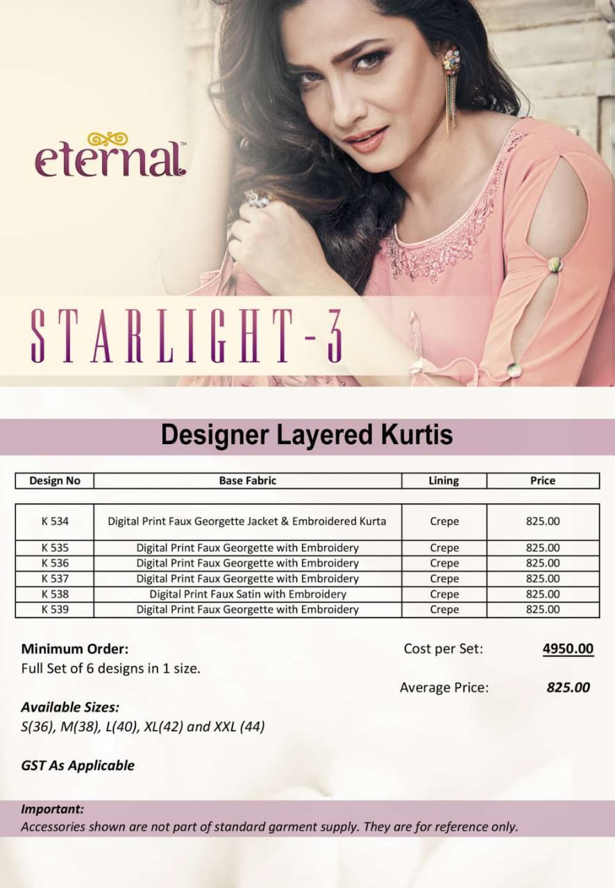 Star Light Vol-3 By Eternal 534 To 539 Series Beautiful Stylish Fancy Colorful Casual Wear & Ethnic Wear & Ready To Wear Faux Georgette Kurtis At Wholesale Price