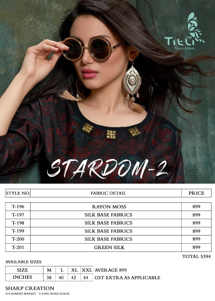 Stardom Vol-2 By Titli 196 To 201 Series Beautiful Colorful Stylish Fancy Party Wear & Ethnic Wear & Ready To Wear Silk & Rayon Printed Kurtis At Wholesale Price