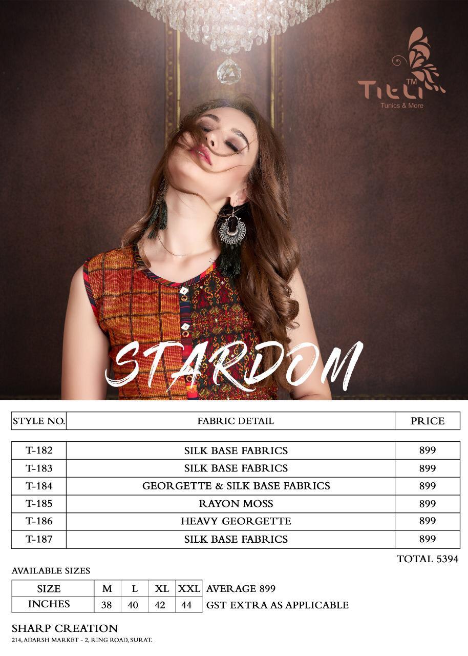Stardom By Titli 182 To 187 Series Beautiful Colorful Stylish Fancy Party Wear & Ethnic Wear & Ready To Wear Silk & Georgette Printed Kurtis At Wholesale Price