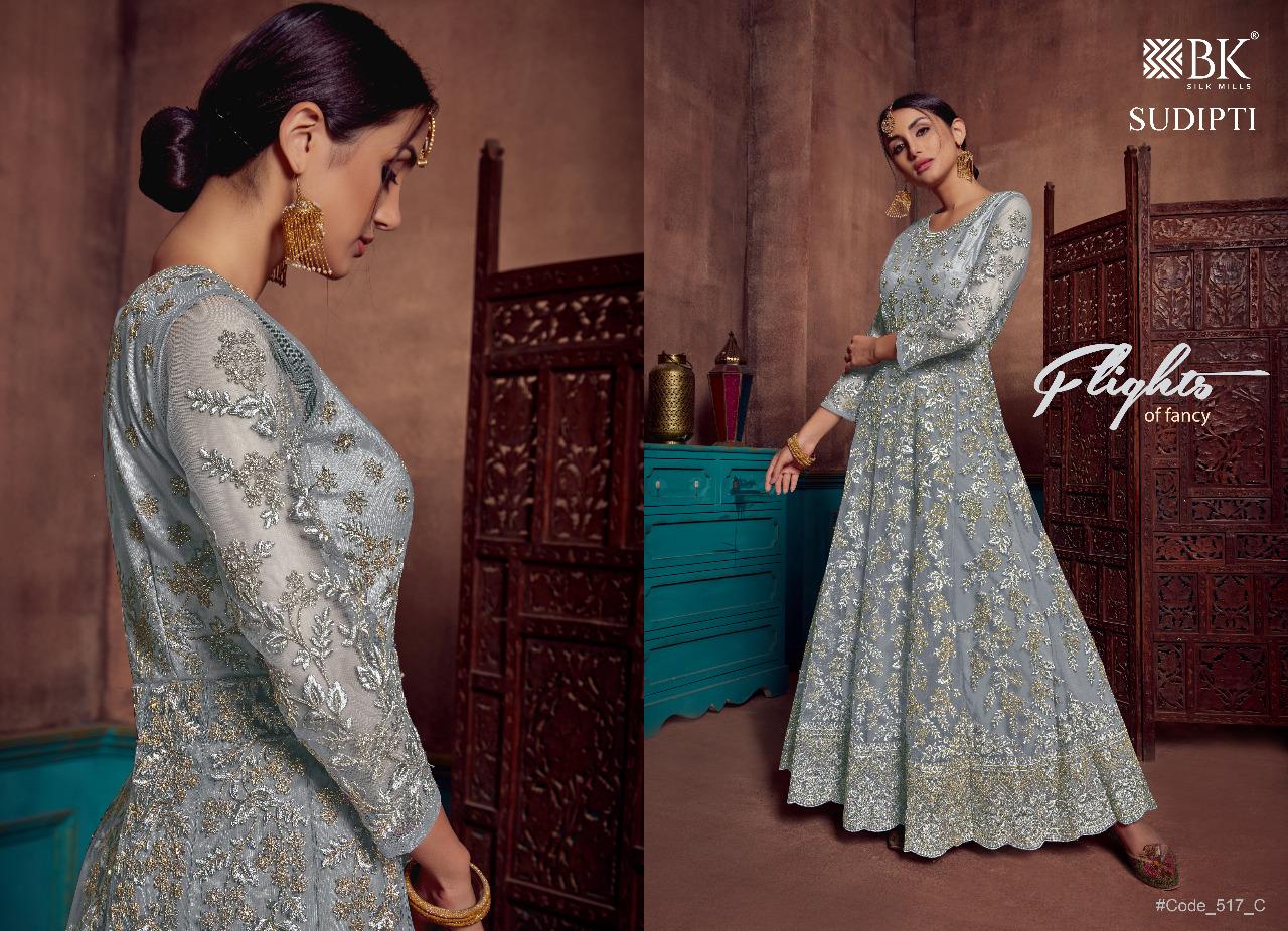 Sudipti By Bk Silk Mills 517-a To 517-e Designer Anarkali Suits Wedding Collection Beautiful Stylish Fancy Colorful Party Wear & Occasional Wear Net With Embroidery Dresses At Wholesale Price