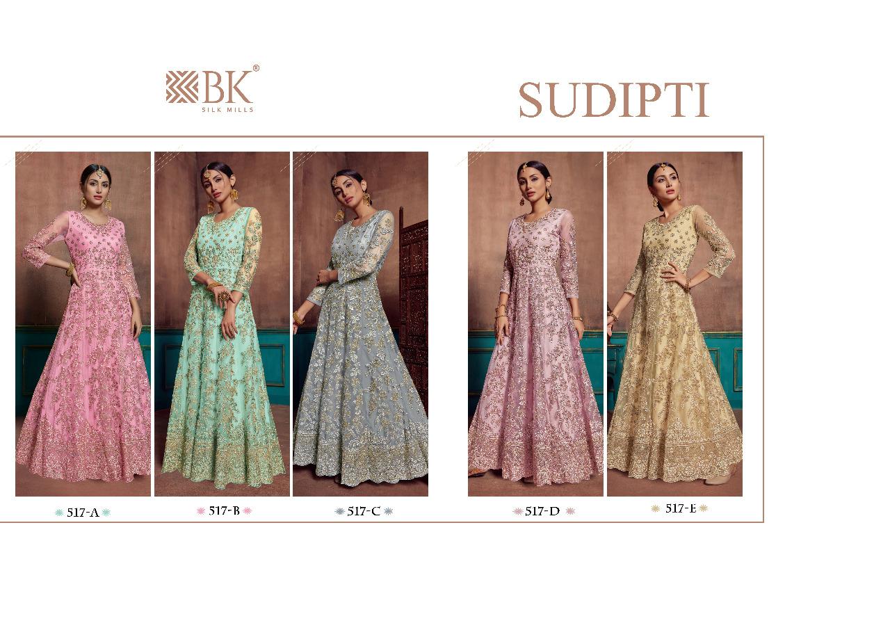 Sudipti By Bk Silk Mills 517-a To 517-e Designer Anarkali Suits Wedding Collection Beautiful Stylish Fancy Colorful Party Wear & Occasional Wear Net With Embroidery Dresses At Wholesale Price