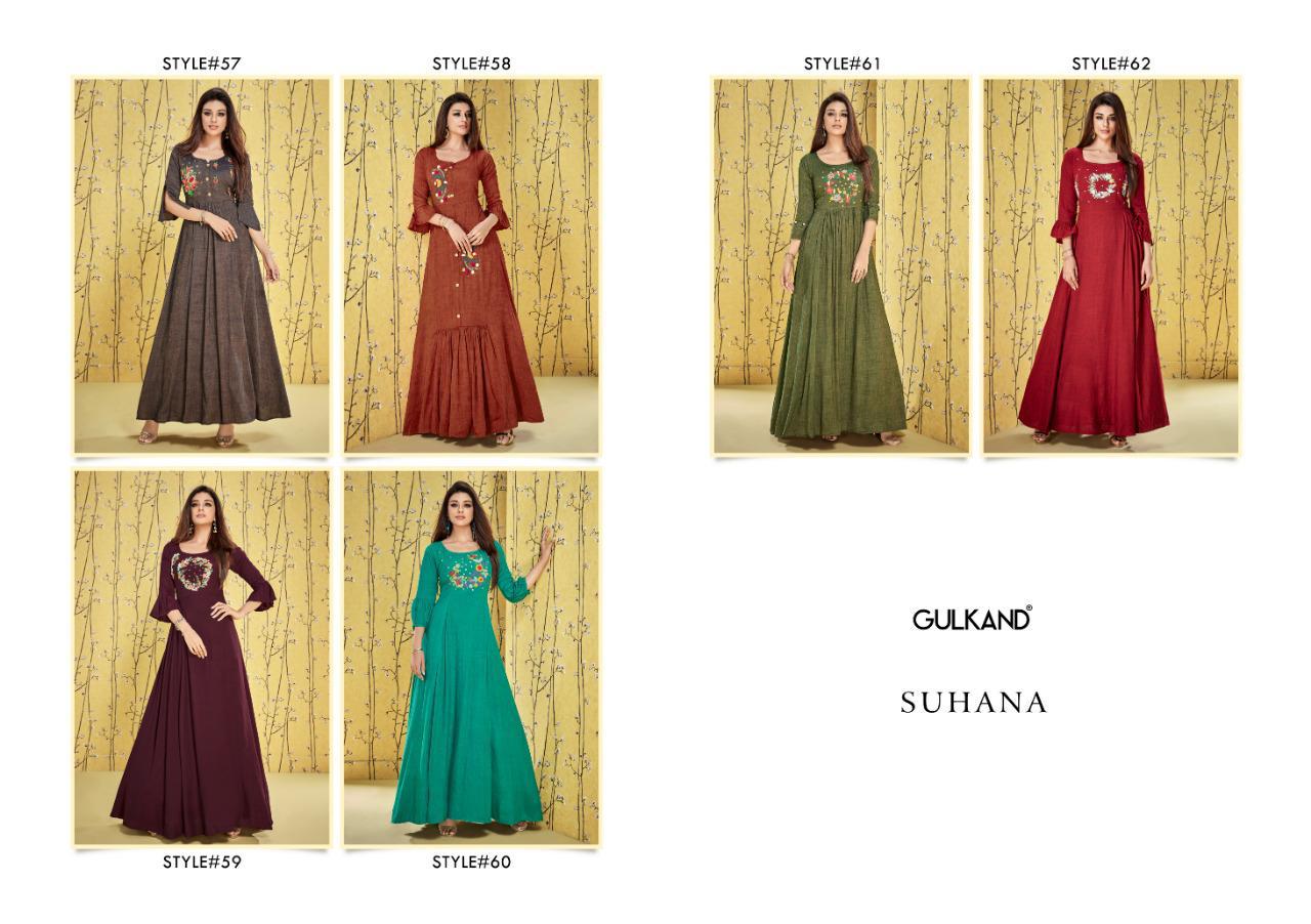 Suhana By Gulkand 57 To 62 Series  Beautiful Colorful Stylish Fancy Casual Wear & Ethnic Wear & Ready To Wear Heavy Two Tone Rayon Gown At Wholesale Price