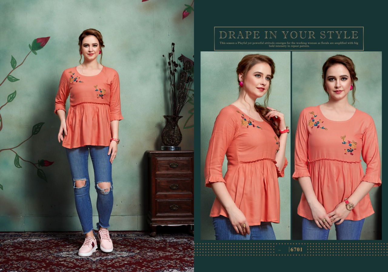 Suhanaa By Micro Designer  6701 To 6705 Series Designer Beautiful Stylish Colorful Fancy Ready To Wear & Casual Wear & Ethnic Wear Rayon Slub Tops At Wholesale Price
