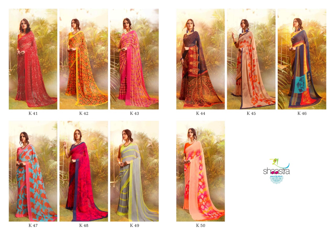 Suhane Mausam By Shaastra Saree 41 To 50 Series Indian Traditional Wear Collection Beautiful Stylish Fancy Colorful Party Wear & Occasional Wear Pure Bemberg Georgette Printed Sarees At Wholesale Price