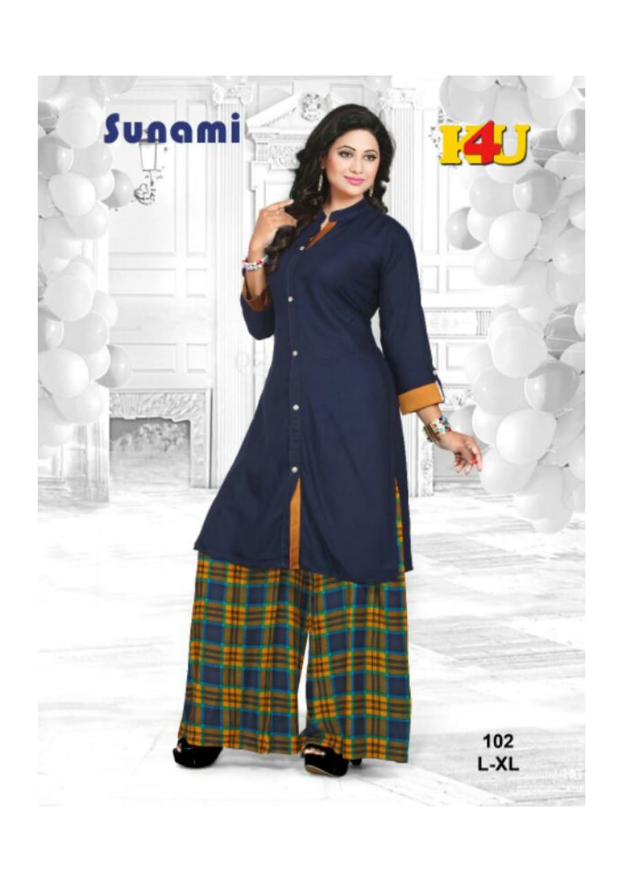 Sunami By K4u 101 To 106 Series Beautiful Stylish Fancy Colorful Casual Wear & Ethnic Wear & Ready To Wear Rayon Kurtis & Palazzos At Wholesale Price