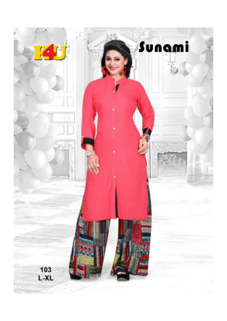 Sunami By K4u 101 To 106 Series Beautiful Stylish Fancy Colorful Casual Wear & Ethnic Wear & Ready To Wear Rayon Kurtis & Palazzos At Wholesale Price