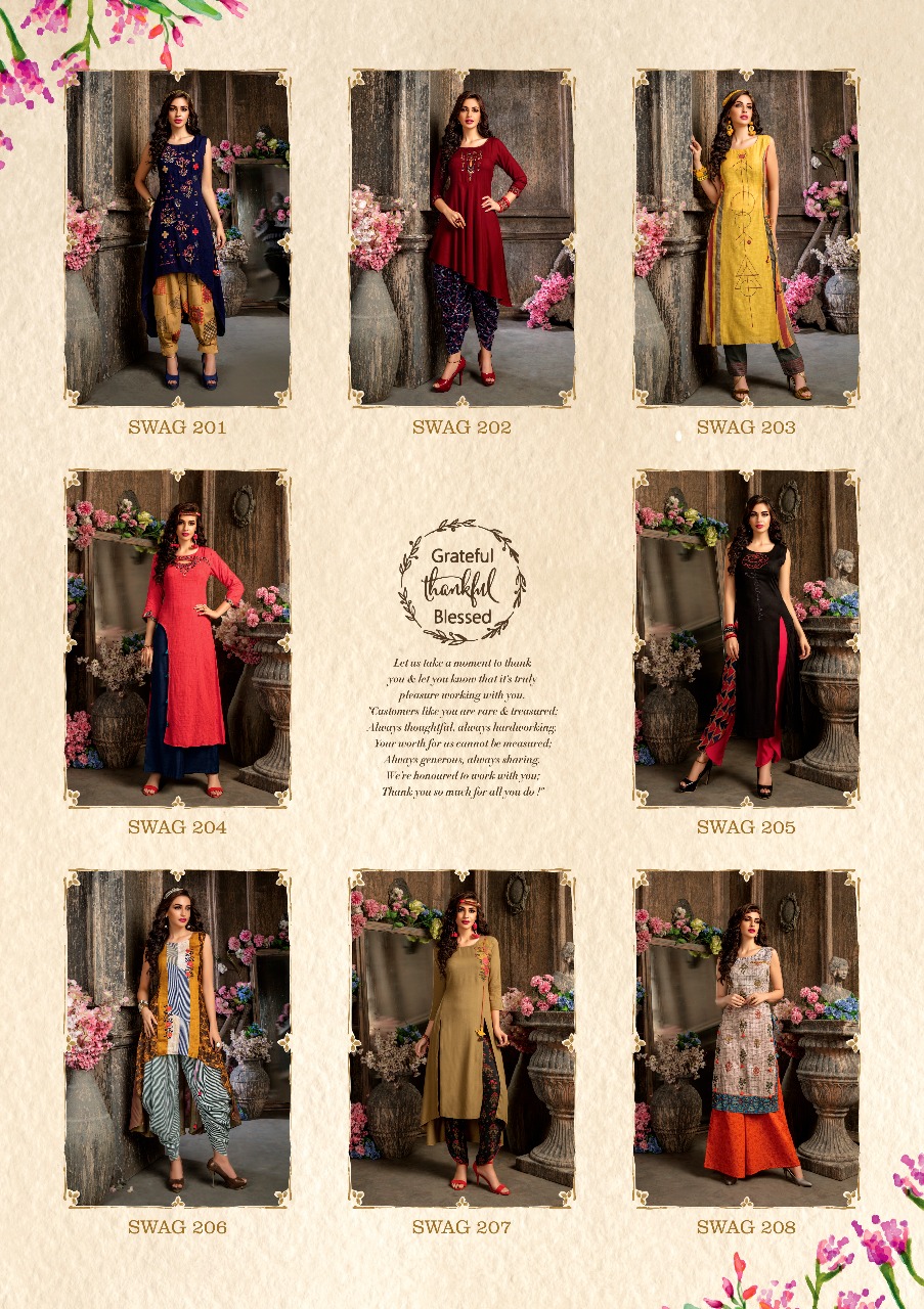 Swag Vol-2 By S4u Fashion 201 To 208 Series Designer Beautiful Stylish Fancy Colorful Casual Wear & Ethnic Wear Pure Rayon With Cotton Embroidered Kurtis At Wholesale Price