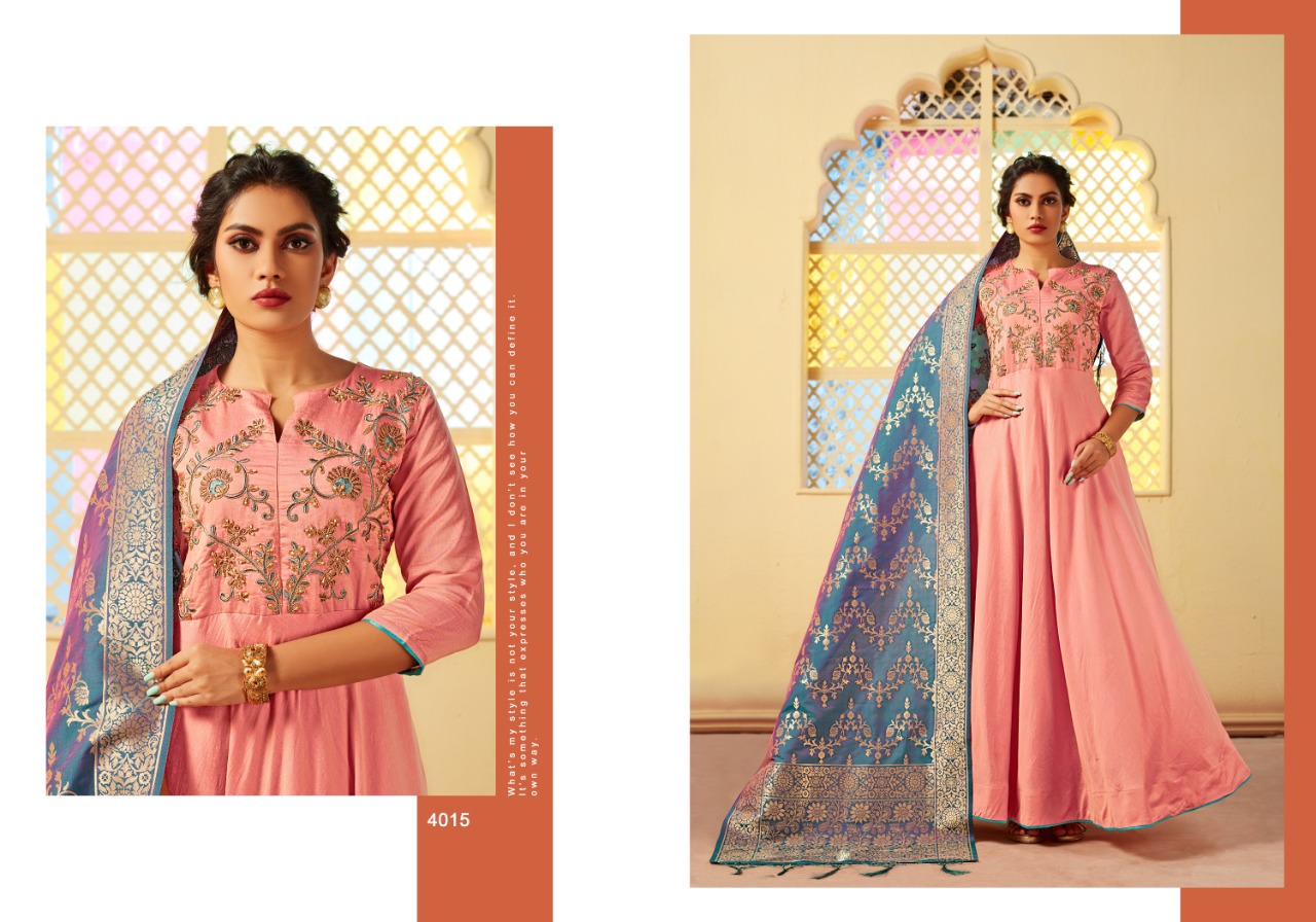 Swarna Vol-2 By Mrigya 4013 To 4017 Series Designer Gowns Collection Beautiful Stylish Fancy Colorful Party Wear & Occasional Wear Viscose Silk Embroidered Gowns At Wholesale Price