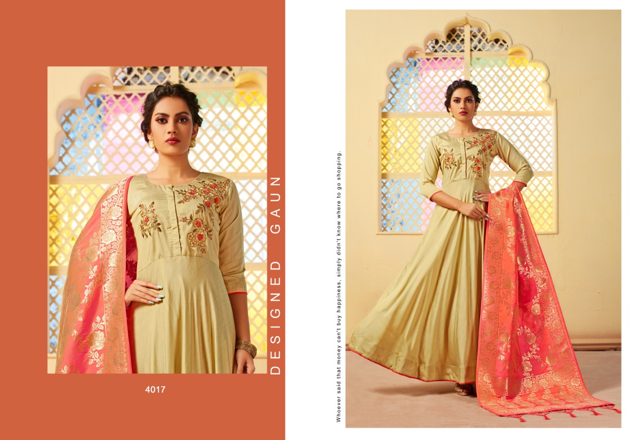 Swarna Vol-2 By Mrigya 4013 To 4017 Series Designer Gowns Collection Beautiful Stylish Fancy Colorful Party Wear & Occasional Wear Viscose Silk Embroidered Gowns At Wholesale Price