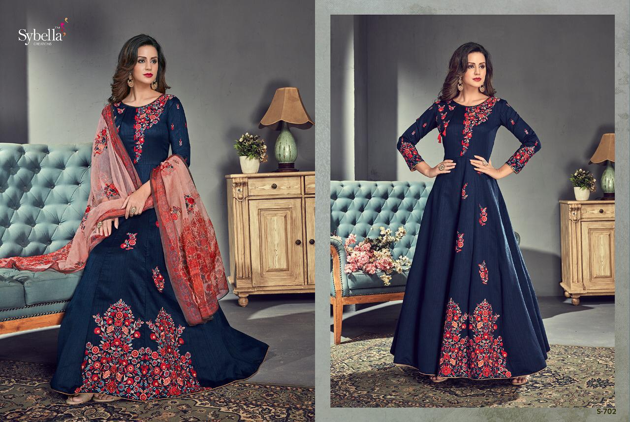 Sybella S-701 By Sybella Creations 701 To 706 Series Bollywood Beautiful Stylish Designer Heavy Embroidered Occasional Wear Party Wear Tussar Silk Dresses At Wholesale Price