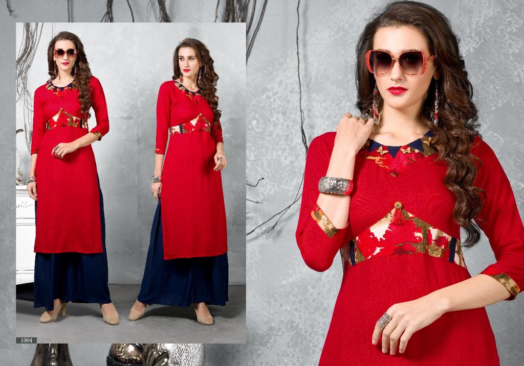 Tajima Vol-2 By Manya Designer 1001 To 1008 Series Beautiful Colorful Stylish Fancy Casual Wear & Ethnic Wear & Ready To Wear Heavy Rayon Printed Kurtis & Palazzos At Wholesale Price