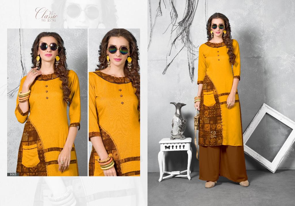 Tajima Vol-2 By Manya Designer 1001 To 1008 Series Beautiful Colorful Stylish Fancy Casual Wear & Ethnic Wear & Ready To Wear Heavy Rayon Printed Kurtis & Palazzos At Wholesale Price