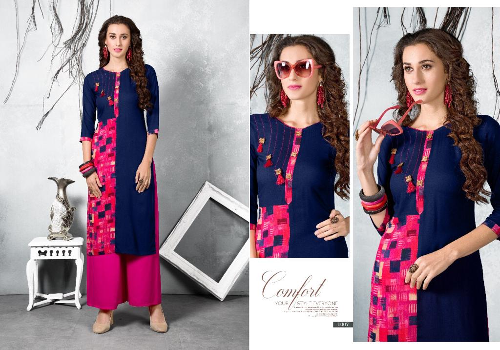 Tajima Vol-2 By Manya Designer 1001 To 1008 Series Beautiful Colorful Stylish Fancy Casual Wear & Ethnic Wear & Ready To Wear Heavy Rayon Printed Kurtis & Palazzos At Wholesale Price