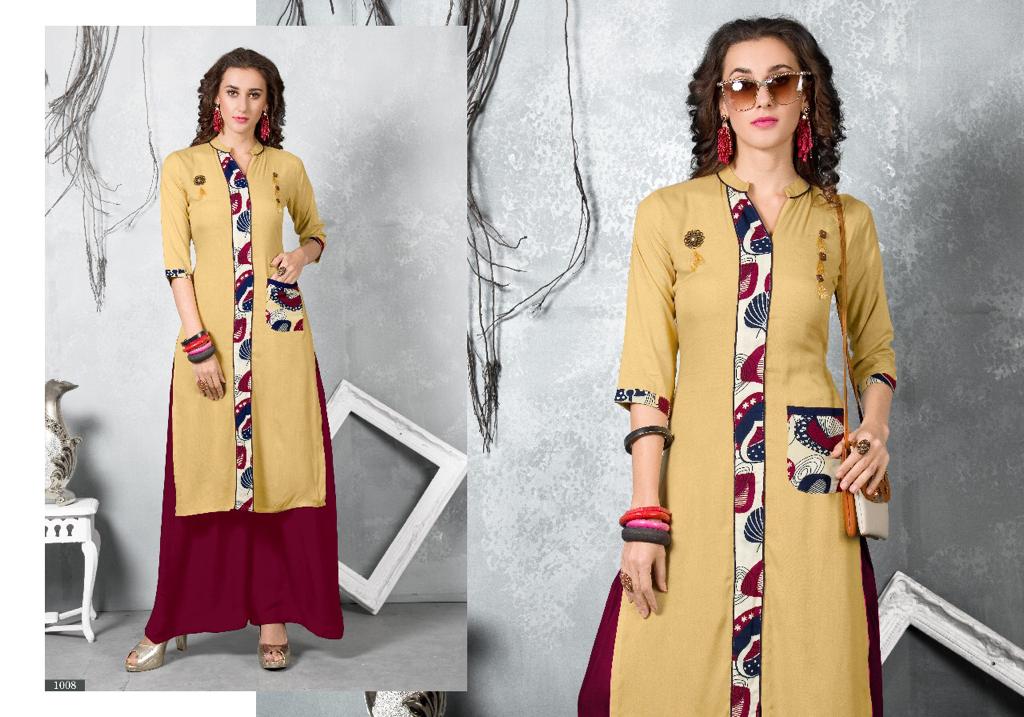 Tajima Vol-2 By Manya Designer 1001 To 1008 Series Beautiful Colorful Stylish Fancy Casual Wear & Ethnic Wear & Ready To Wear Heavy Rayon Printed Kurtis & Palazzos At Wholesale Price