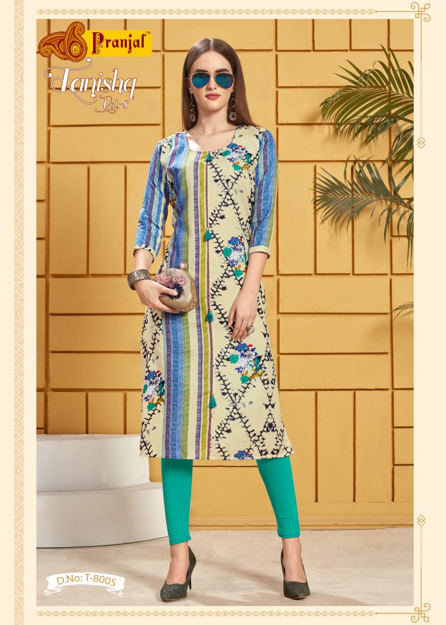 Tanishq Vol-8 By Pranjal 8001 To 8009 Series Designer Beautiful Stylish Colorful Fancy Ready To Wear & Casual Wear & Ethnic Wear Cotton Linen Flex Printed Kurtis At Wholesale Price