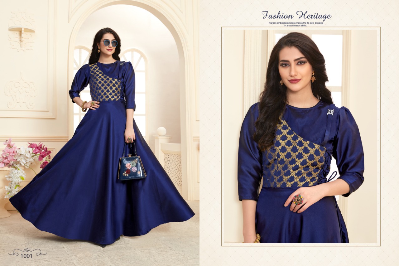 Tanmaya Vol-3 By T S Fashion 1001 To 1004 Series Indian Traditional Wear Collection Beautiful Stylish Fancy Colorful Party Wear & Occasional Wear Pure Tapeta Satin Two Ton Silk With Handloom Work Gown Style Kurtis At Wholesale Price