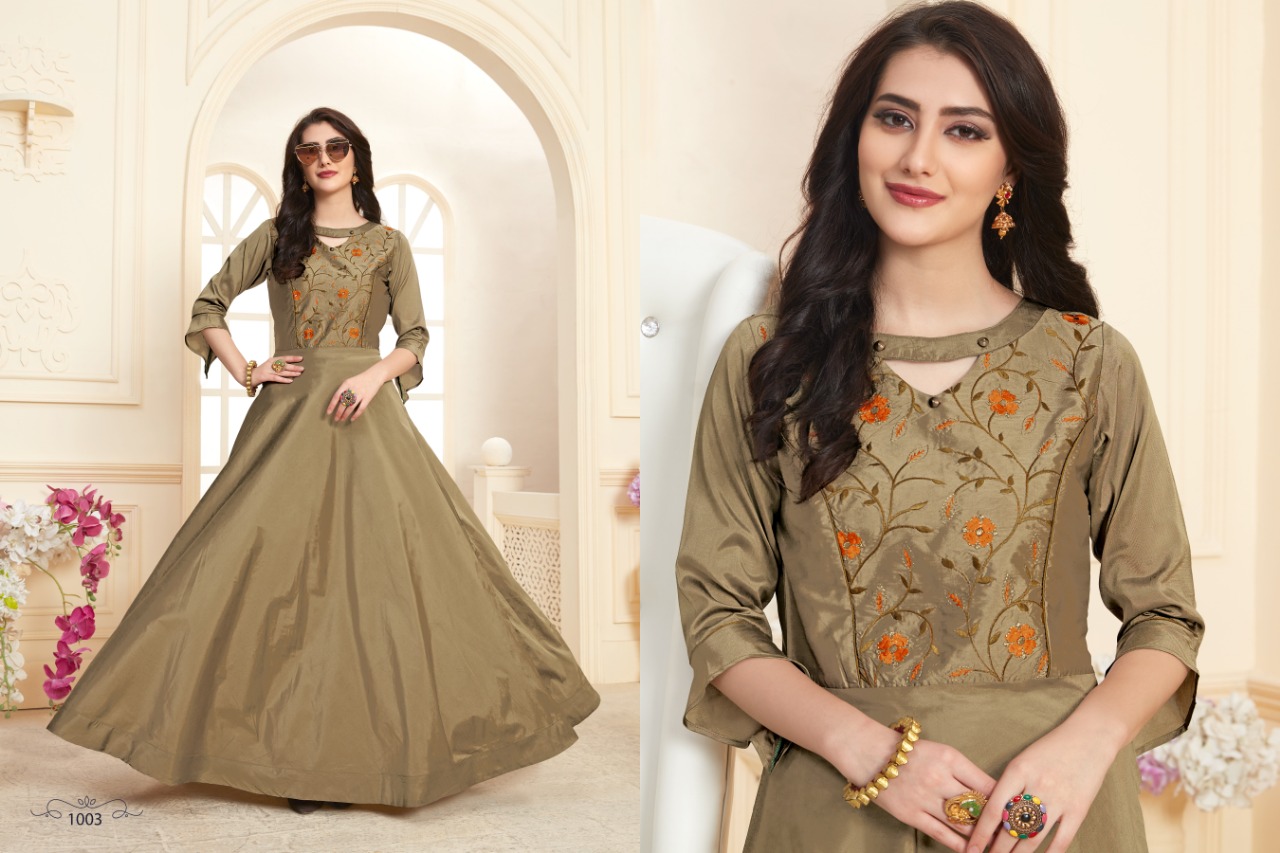 Tanmaya Vol-3 By T S Fashion 1001 To 1004 Series Indian Traditional Wear Collection Beautiful Stylish Fancy Colorful Party Wear & Occasional Wear Pure Tapeta Satin Two Ton Silk With Handloom Work Gown Style Kurtis At Wholesale Price