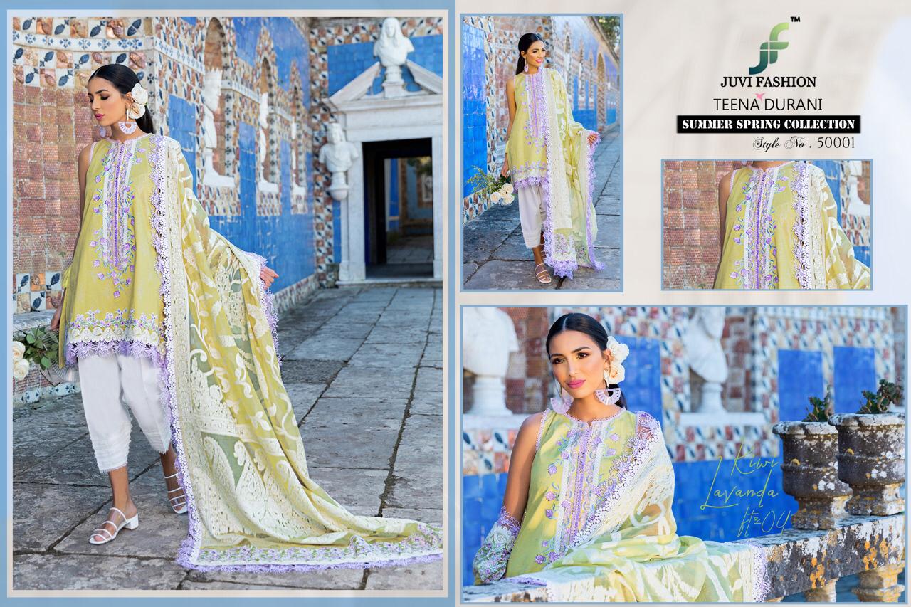 Teena Durina By Juvi Fashion 50001 To 50006 Series Designer Pakistani Suits Beautiful Fancy Stylish Colorful Party Wear & Occasional Wear Pure Cambric Cotton With Self Embroidery & Handwork Dresses At Wholesale Price