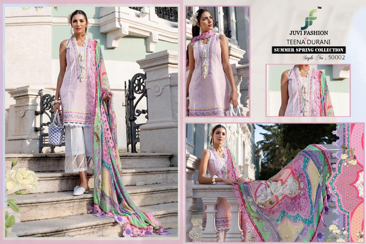 Teena Durina By Juvi Fashion 50001 To 50006 Series Designer Pakistani Suits Beautiful Fancy Stylish Colorful Party Wear & Occasional Wear Pure Cambric Cotton With Self Embroidery & Handwork Dresses At Wholesale Price
