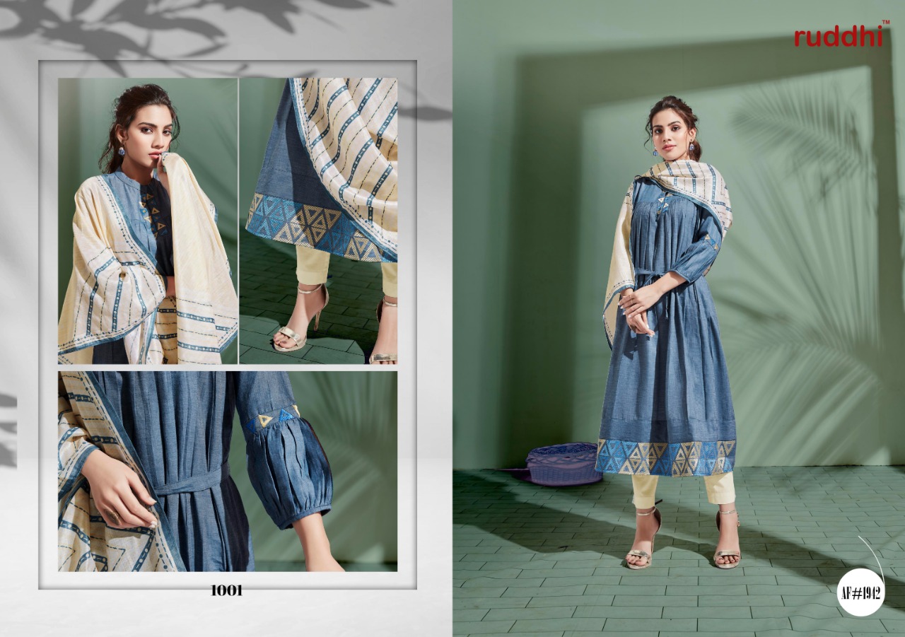 The Denim Story By Ruddhi Dressline 1911 To 1916 Series Beautiful Stylish Colorful Fancy Casual Wear & Ethnic Wear & Ready To Wear Soft Denim With Work Tops & Dupatta At Wholesale Price