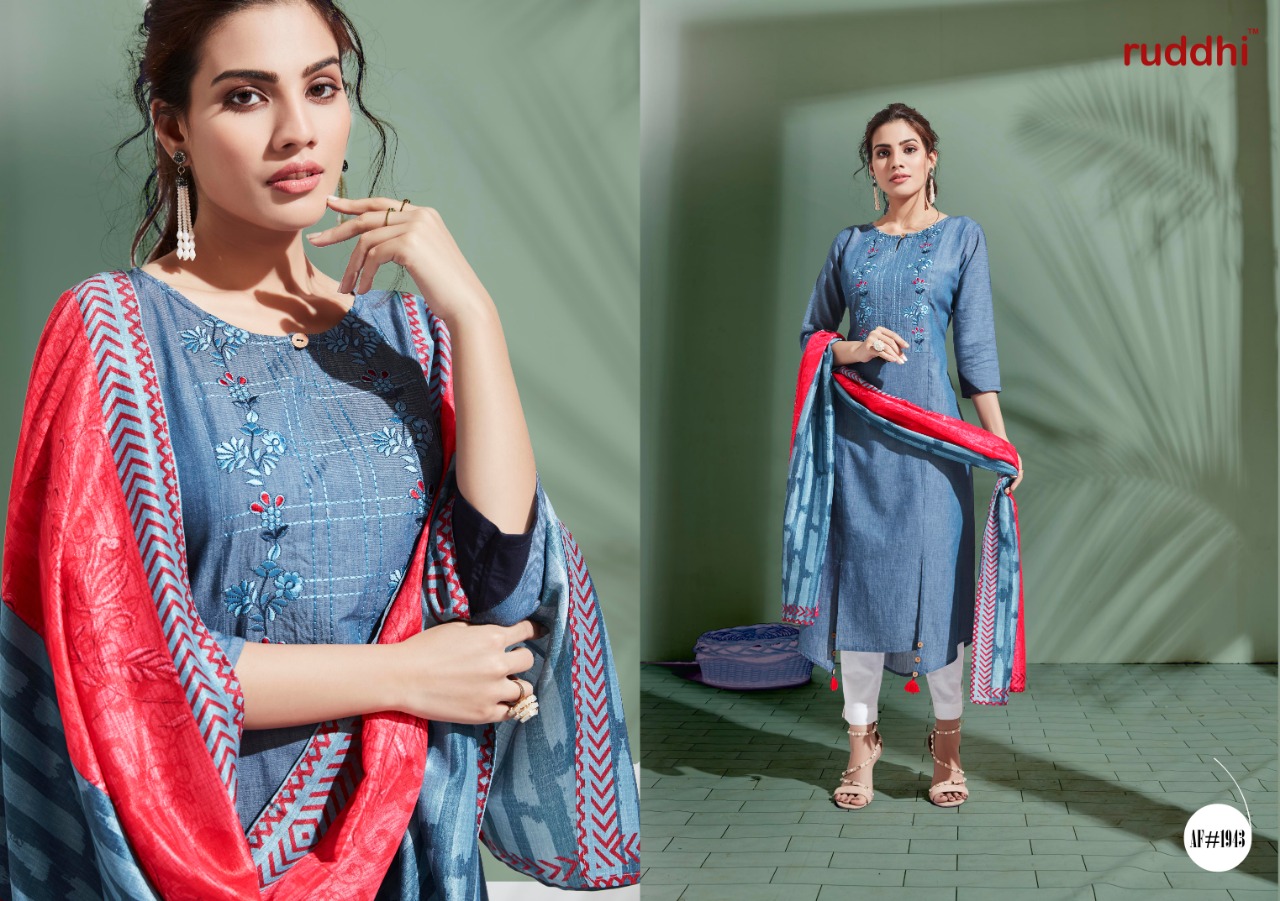 The Denim Story By Ruddhi Dressline 1911 To 1916 Series Beautiful Stylish Colorful Fancy Casual Wear & Ethnic Wear & Ready To Wear Soft Denim With Work Tops & Dupatta At Wholesale Price
