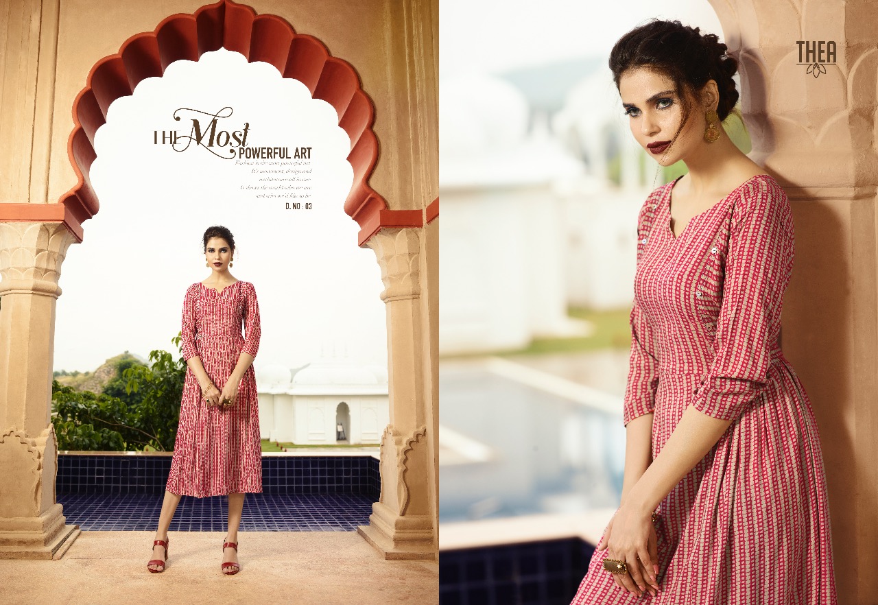 Thea By Vishwam Fabrics 01 To 10 Series Beautiful Stylish Colorful Fancy Party Wear & Ethnic Wear & Ready To Wear Heavy Rayon Printed Kurtis At Wholesale Price