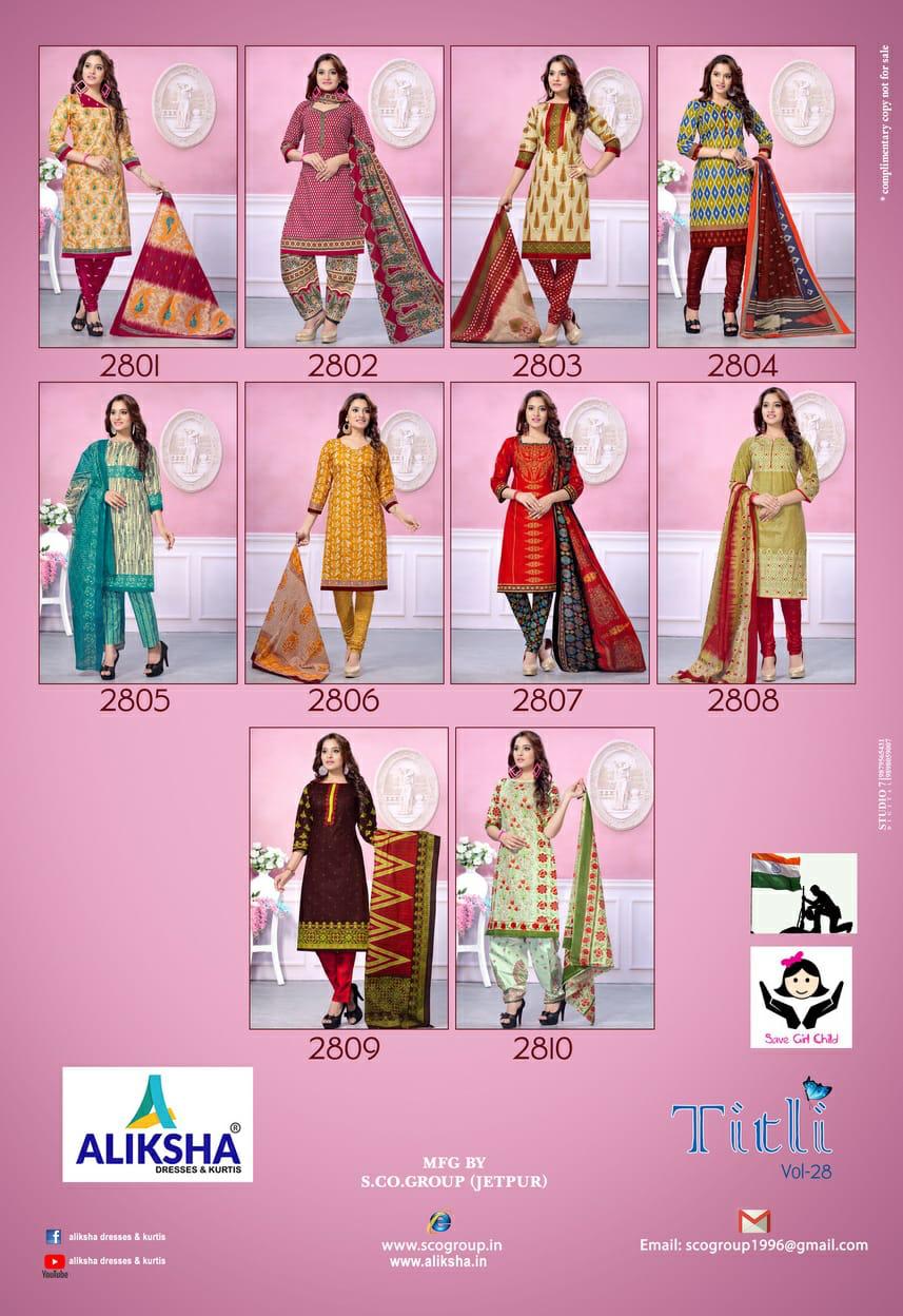 Titli Vol-28 By Aliksha 2801 To 2810 Series Beautiful Suits Stylish Fancy Colorful Party Wear & Ethnic Wear Pure Cotton Printed Dresses At Wholesale Price