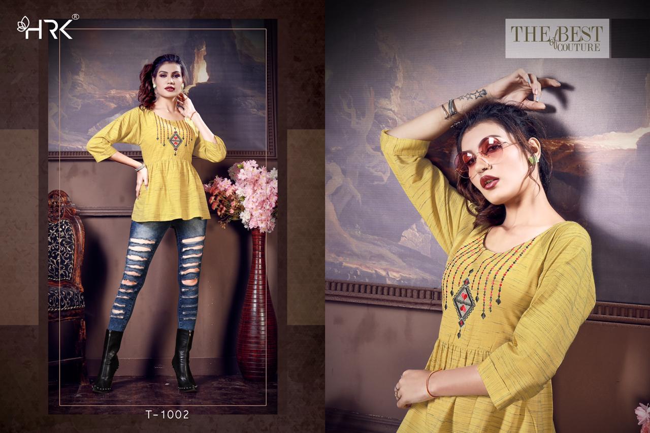 Top House By Hrk 1001 To 1006 Series Stylish Fancy Beautiful Colorful Casual Wear & Ethnic Wear Stylish Pattern Rainbow Denim Rayon Embroidered Kurtis At Wholesale Price