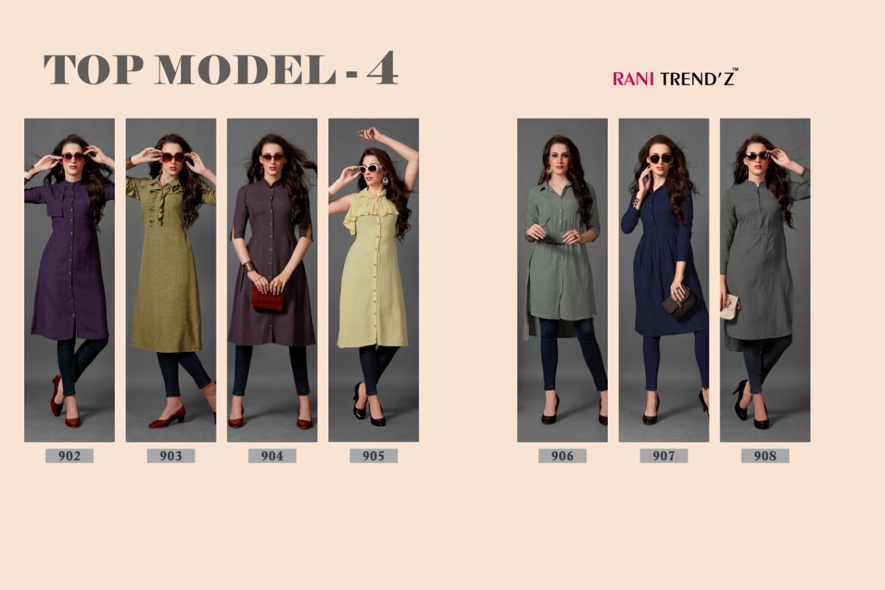 Top Model Vol-4 By Rani Trendz 902 To 908 Series Beautiful Stylish Fancy Colorful Casual Wear & Ethnic Wear & Ready To Wear Heavy Rayon Printed Kurtis At Wholesale Price