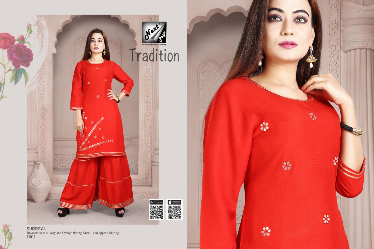 Tradition By Next Page 1001 To 1010 Series Beautiful Colorful Stylish Fancy Casual Wear & Ethnic Wear Heavy Rayon Printed Kurtis With Bottom At Wholesale Price
